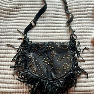 Isabella Fiore Black Crossbody Bag with Fringe and Studs
